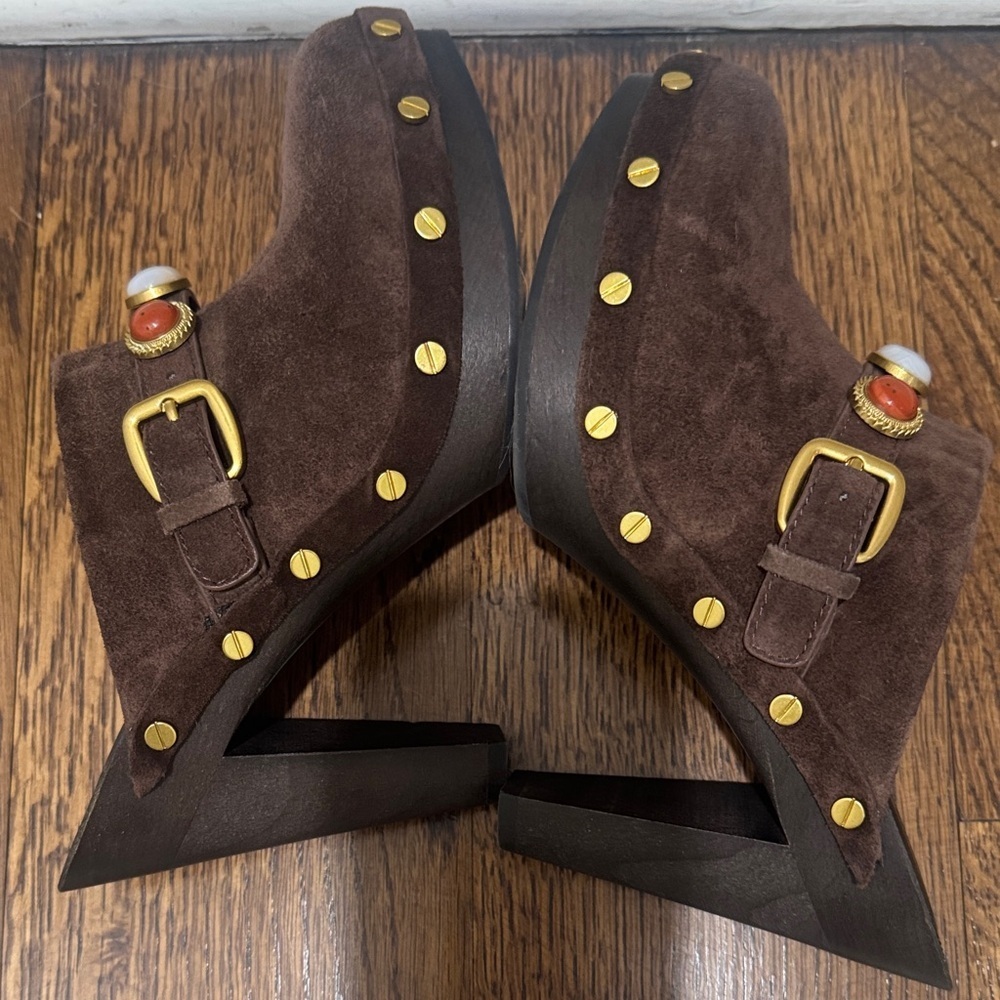 Veronica Beard Giana Charms Espresso Brown Suede Platform Clogs Mules 6 - Picture 8 of 11